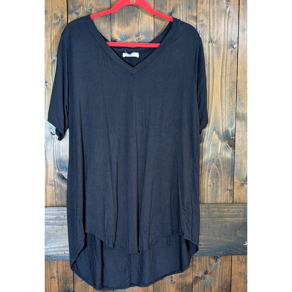 Zenana Black V-Neck T-Shirt Top 2X Short Sleeve Stretch High Low Tunic Tee
